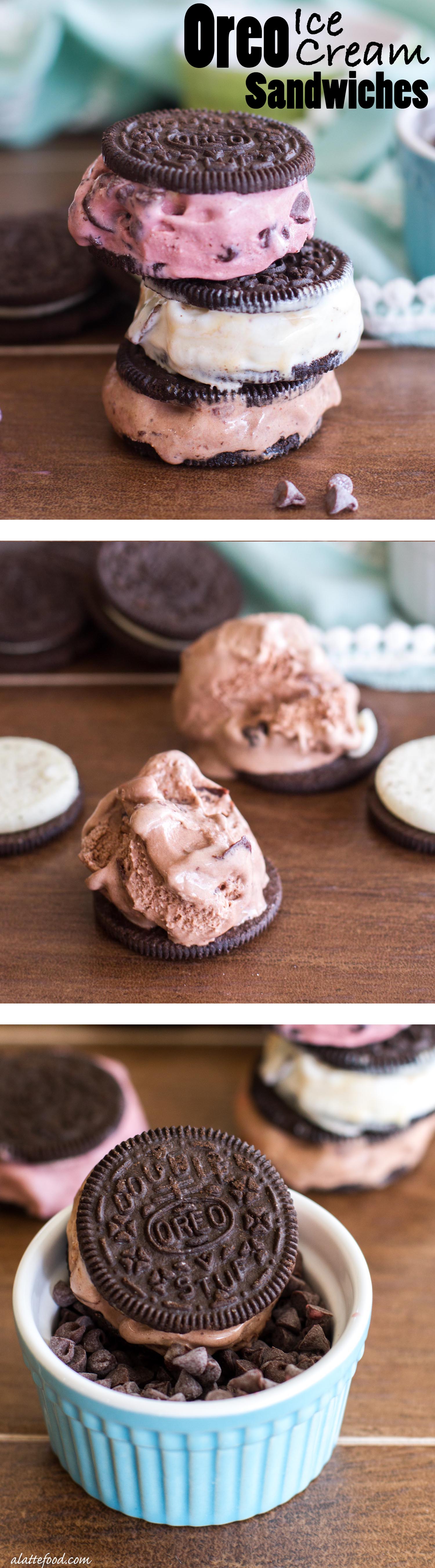 These easy Oreo ice cream sandwiches are my new favorite dessert! Scoops of ice cream stuffed in between Oreos and rolled in toppings is all it takes to get your chocolate fix!